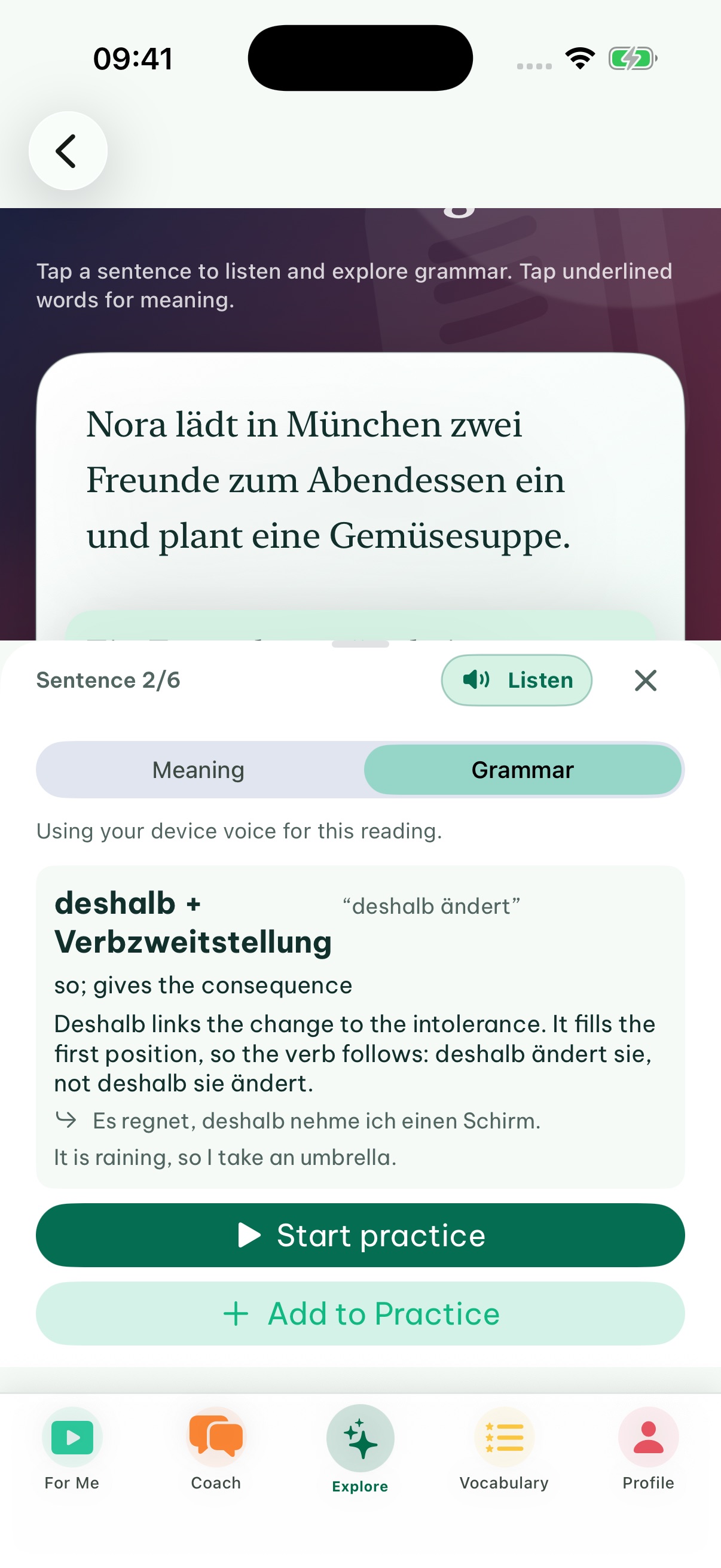 Tap a reading sentence to explore its grammar, meaning and a new example