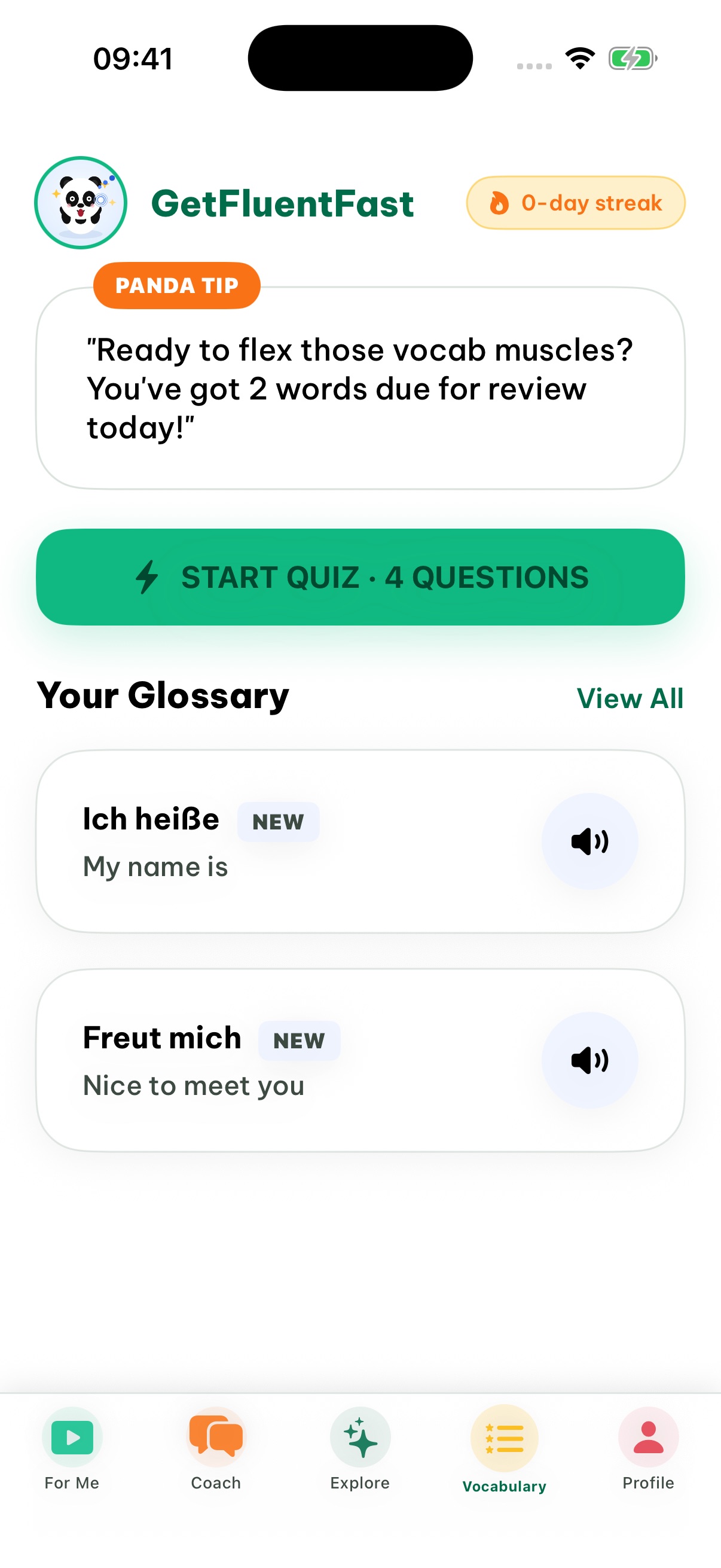 GetFluentFast vocabulary: saved phrases, pronunciation and a daily review quiz